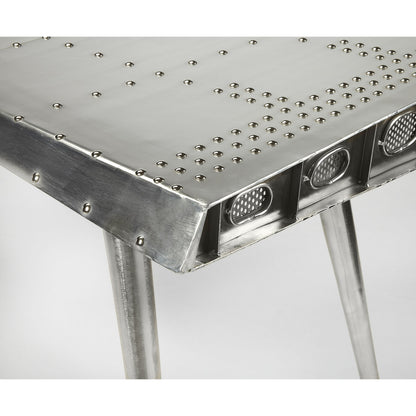 Midway Aviator Desk by Butler Specialty Company in silver and metalworks. Made from aluminum, steel, mdf, wood solids in a modern style.
