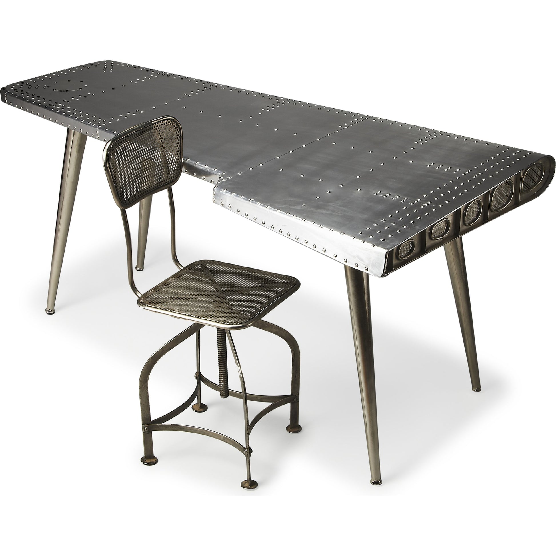 Midway Aviator Desk by Butler Specialty Company in silver and metalworks. Made from aluminum, steel, mdf, wood solids in a modern style.