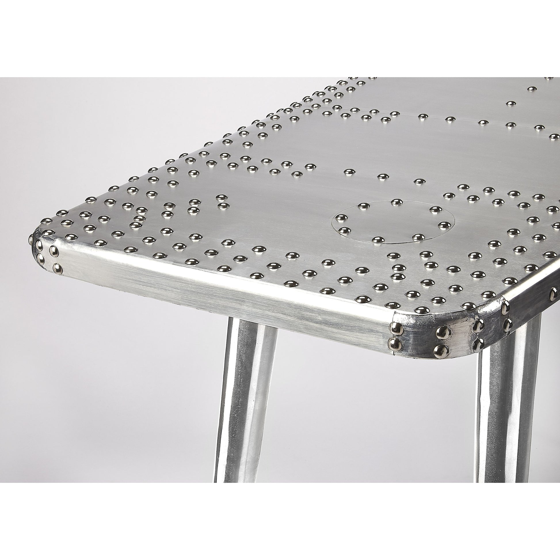 Midway Aviator Desk by Butler Specialty Company in silver and metalworks. Made from aluminum, steel, mdf, wood solids in a modern style.