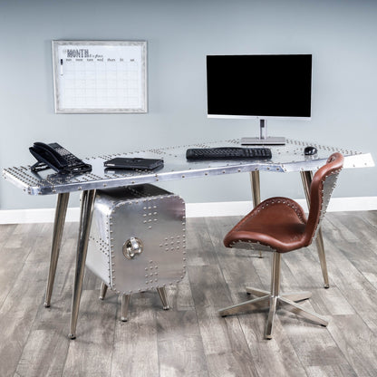 Midway Aviator Desk by Butler Specialty Company in silver and metalworks. Made from aluminum, steel, mdf, wood solids in a modern style.