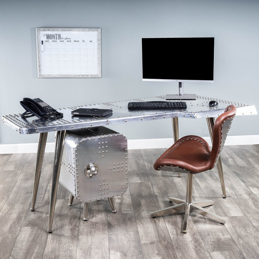 Midway Aviator Desk by Butler Specialty Company in silver and metalworks. Made from aluminum, steel, mdf, wood solids in a modern style.