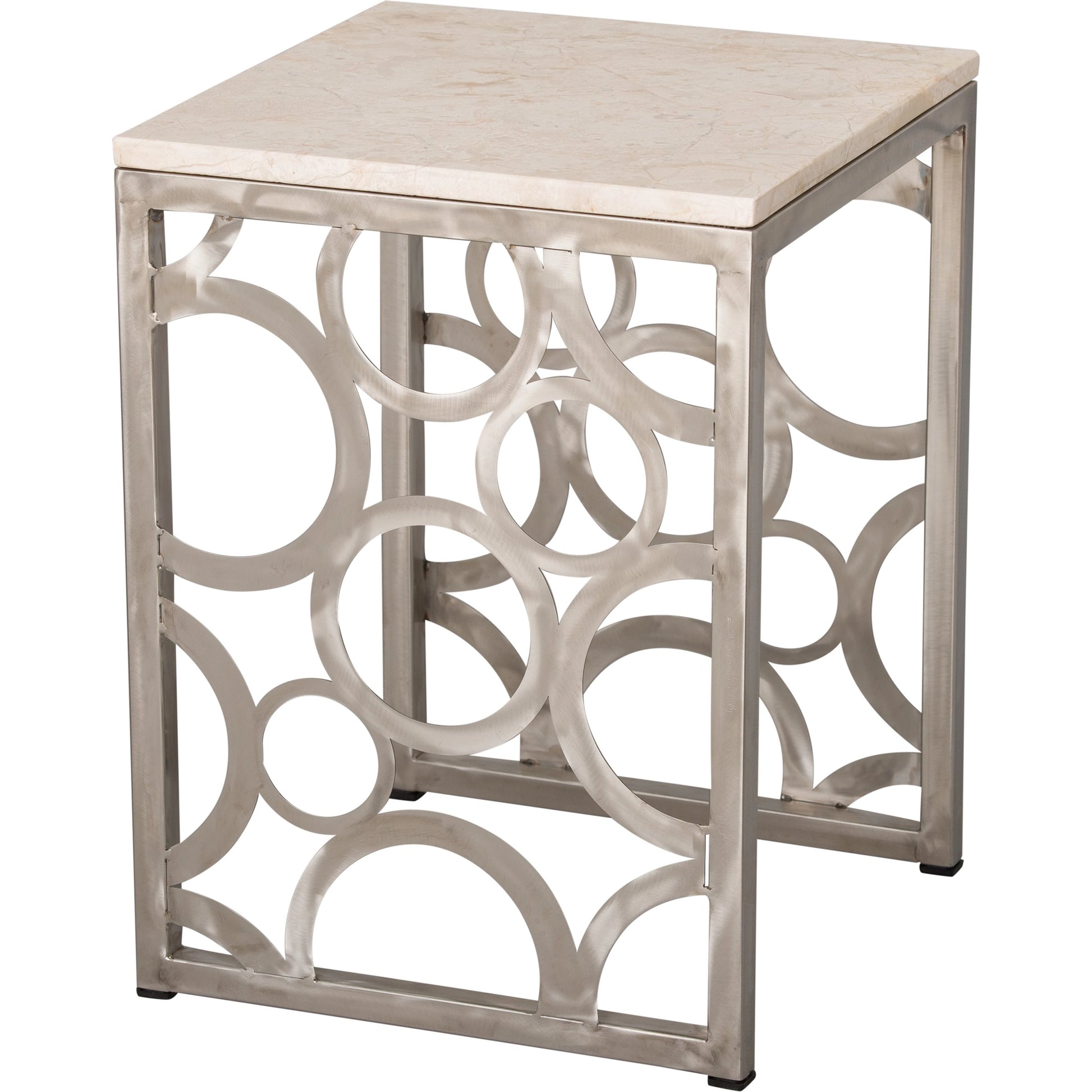 Square Rings Stool Accent Table by Emissary in white granite, polished stainless steel. Made from stainless steel in a cottage & farmhouse style.