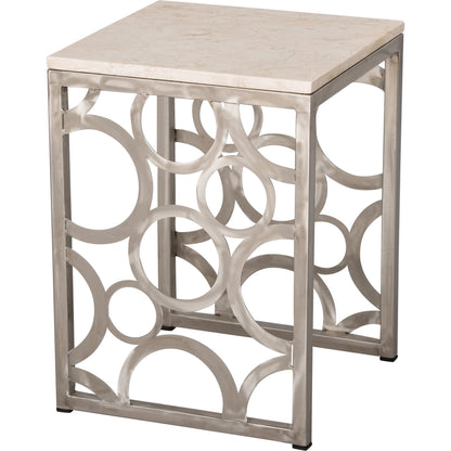 Square Rings Stool Accent Table by Emissary in white granite, polished stainless steel. Made from stainless steel in a cottage & farmhouse style.