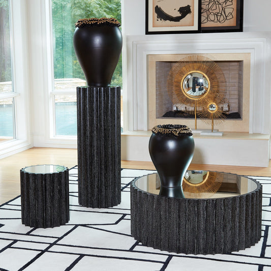 Reflective Column Pedestal by Global Views in black cerused oak, acacia, oak. Made from acacia, mdf, poplar, mirror in a modern style.