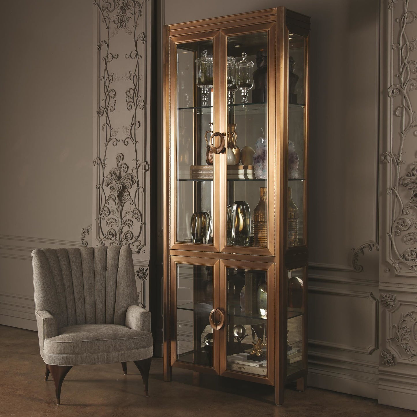 008 SR-700725 | Lifestyle | Apothecary Vitrine by Global Views in dark brass. Made from poplar, beveled clear glass in a transitional style.