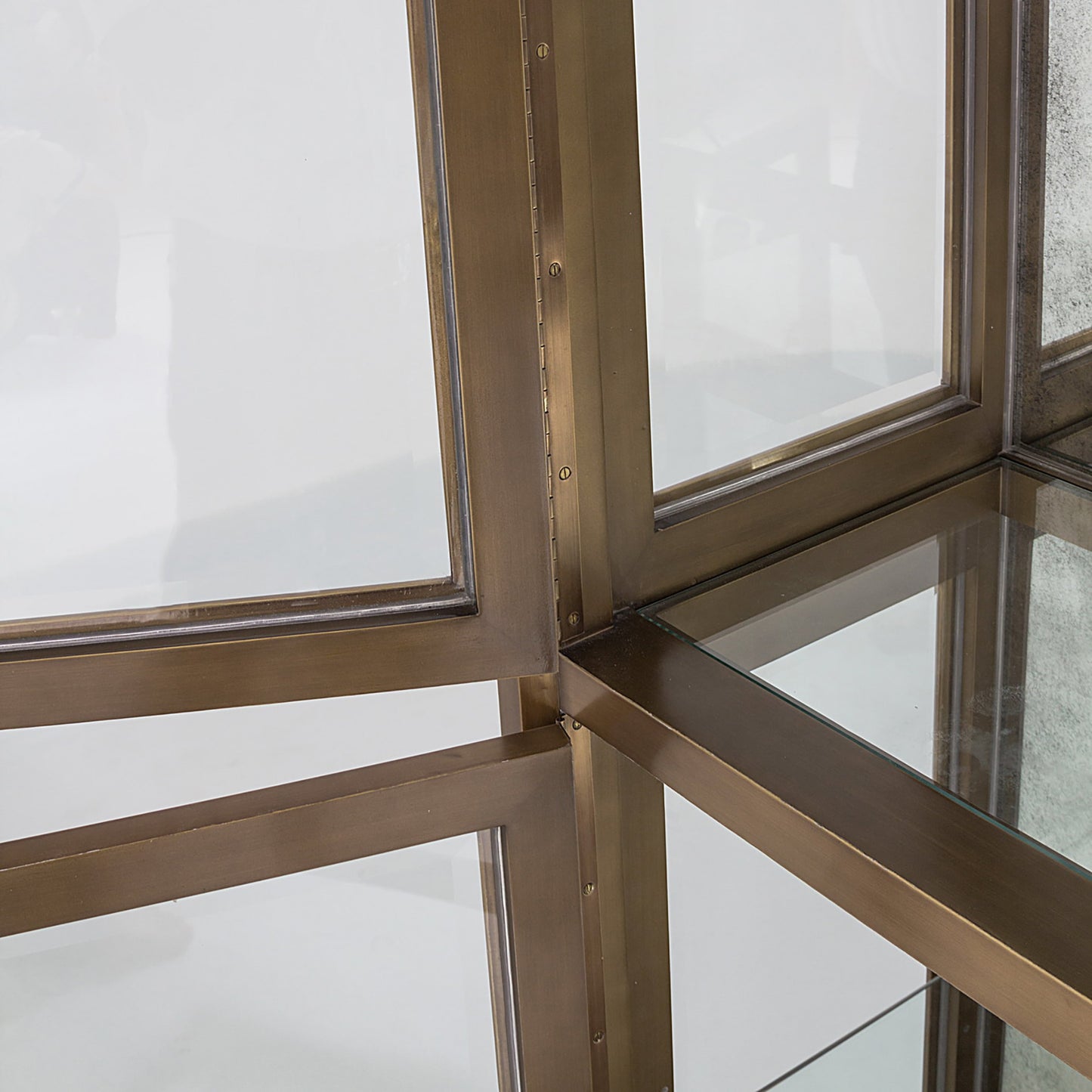 004 SR-700725 | Closeup | Apothecary Vitrine by Global Views in dark brass. Made from poplar, beveled clear glass in a transitional style.