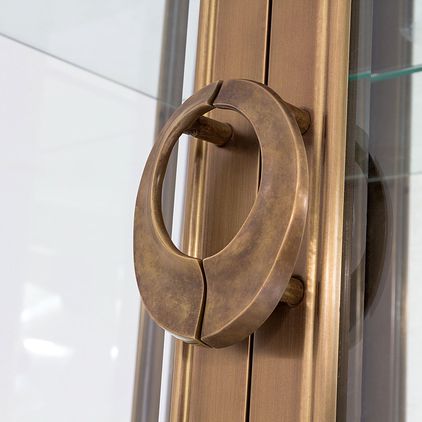 005 SR-700725 | Closeup | Apothecary Vitrine by Global Views in dark brass. Made from poplar, beveled clear glass in a transitional style.