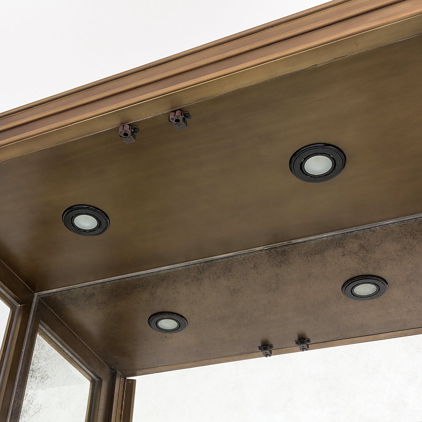 006 SR-700725 | Closeup | Apothecary Vitrine by Global Views in dark brass. Made from poplar, beveled clear glass in a transitional style.