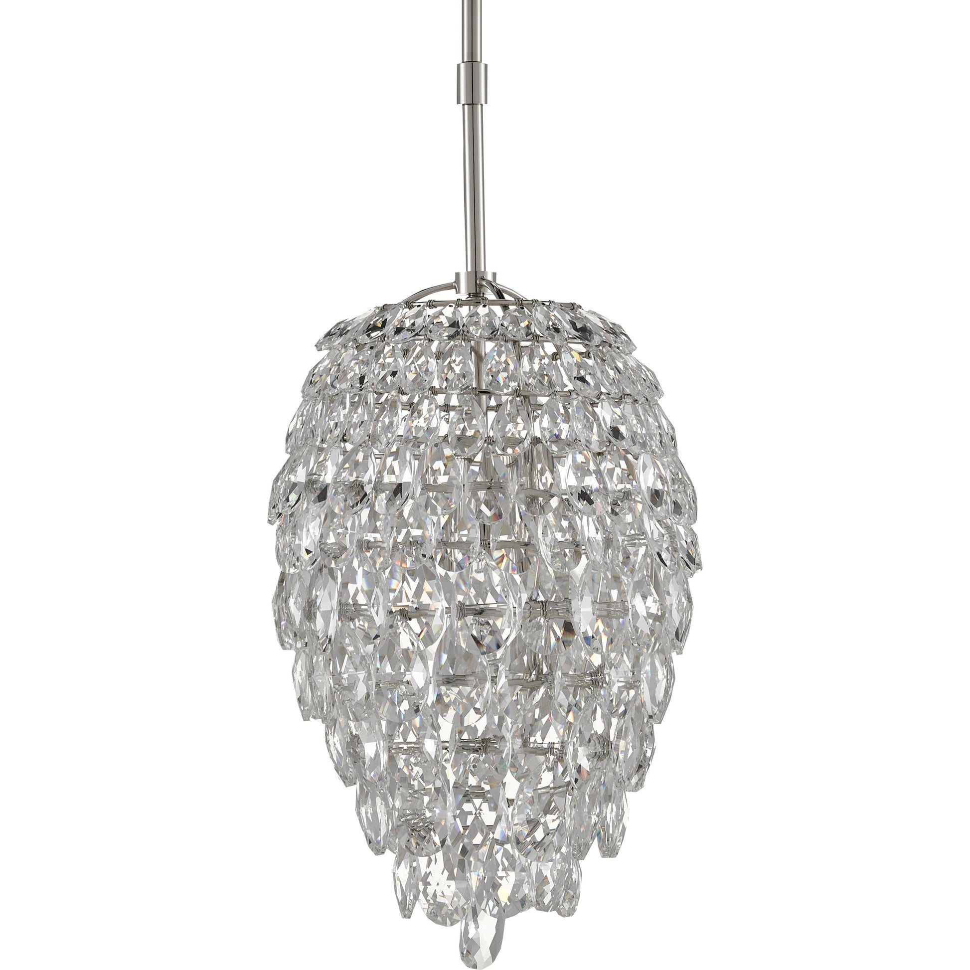 Aisling Pendant by Currey and Company in polished nickel. Made from optical crystal, metal in a transitional style.
