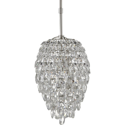 Aisling Pendant by Currey and Company in polished nickel. Made from optical crystal, metal in a transitional style.