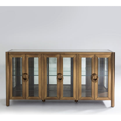Apothecary Console Cabinet by Global Views in dark brass. Made from poplar, beveled clear glass in a transitional style.