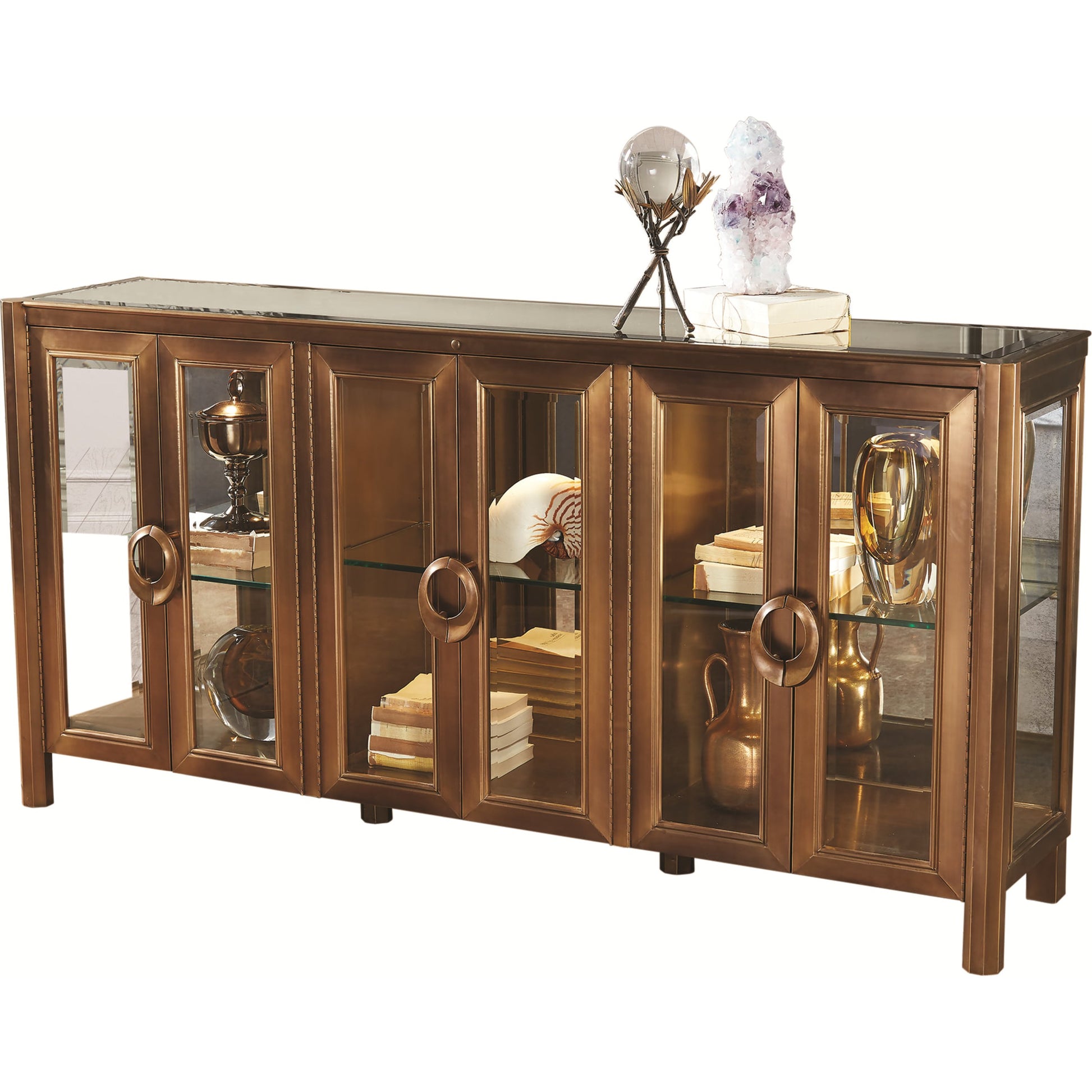 Apothecary Console Cabinet by Global Views in dark brass. Made from poplar, beveled clear glass in a transitional style.