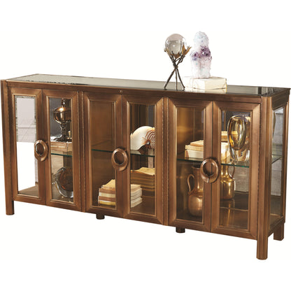 Apothecary Console Cabinet by Global Views in dark brass. Made from poplar, beveled clear glass in a transitional style.