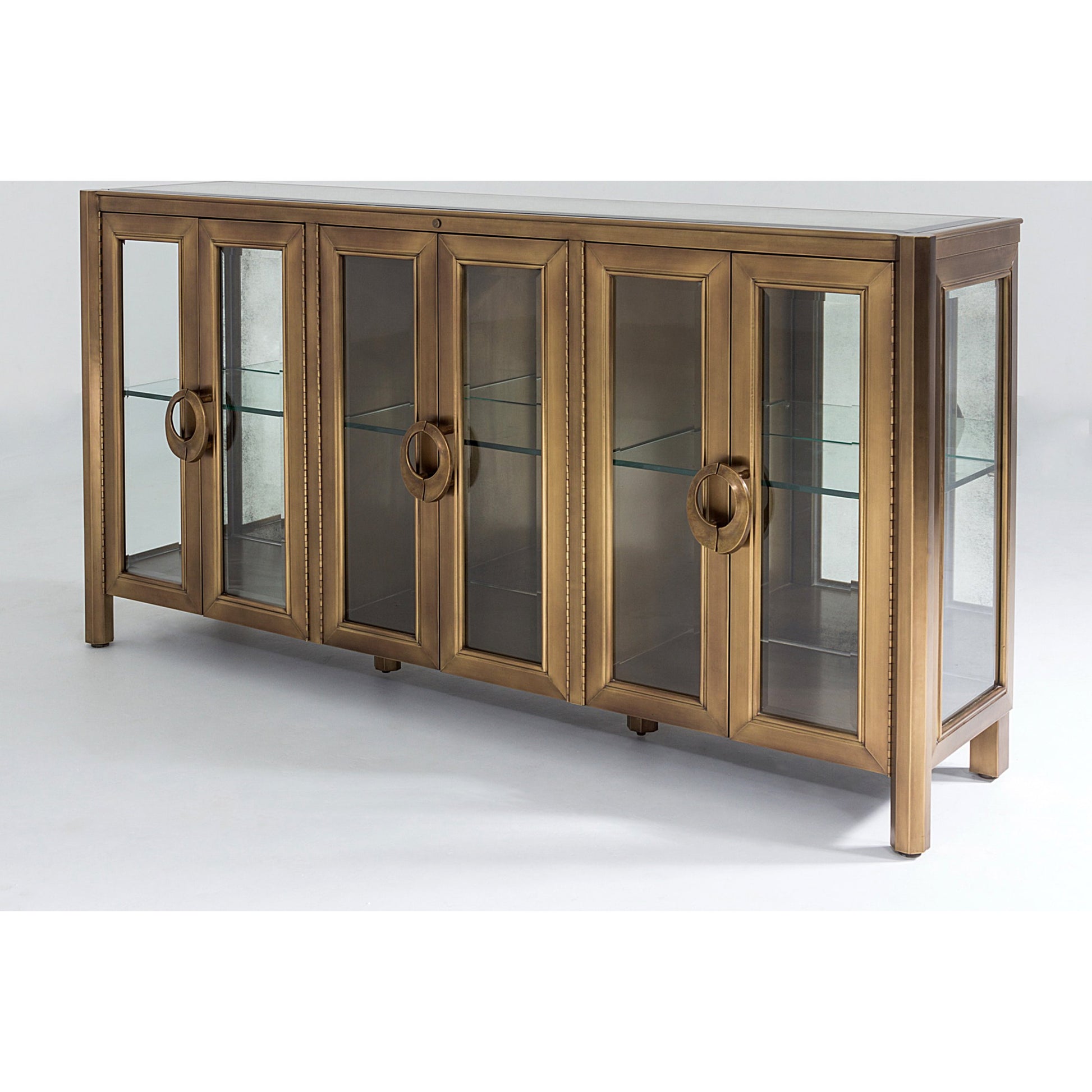 Apothecary Console Cabinet by Global Views in dark brass. Made from poplar, beveled clear glass in a transitional style.