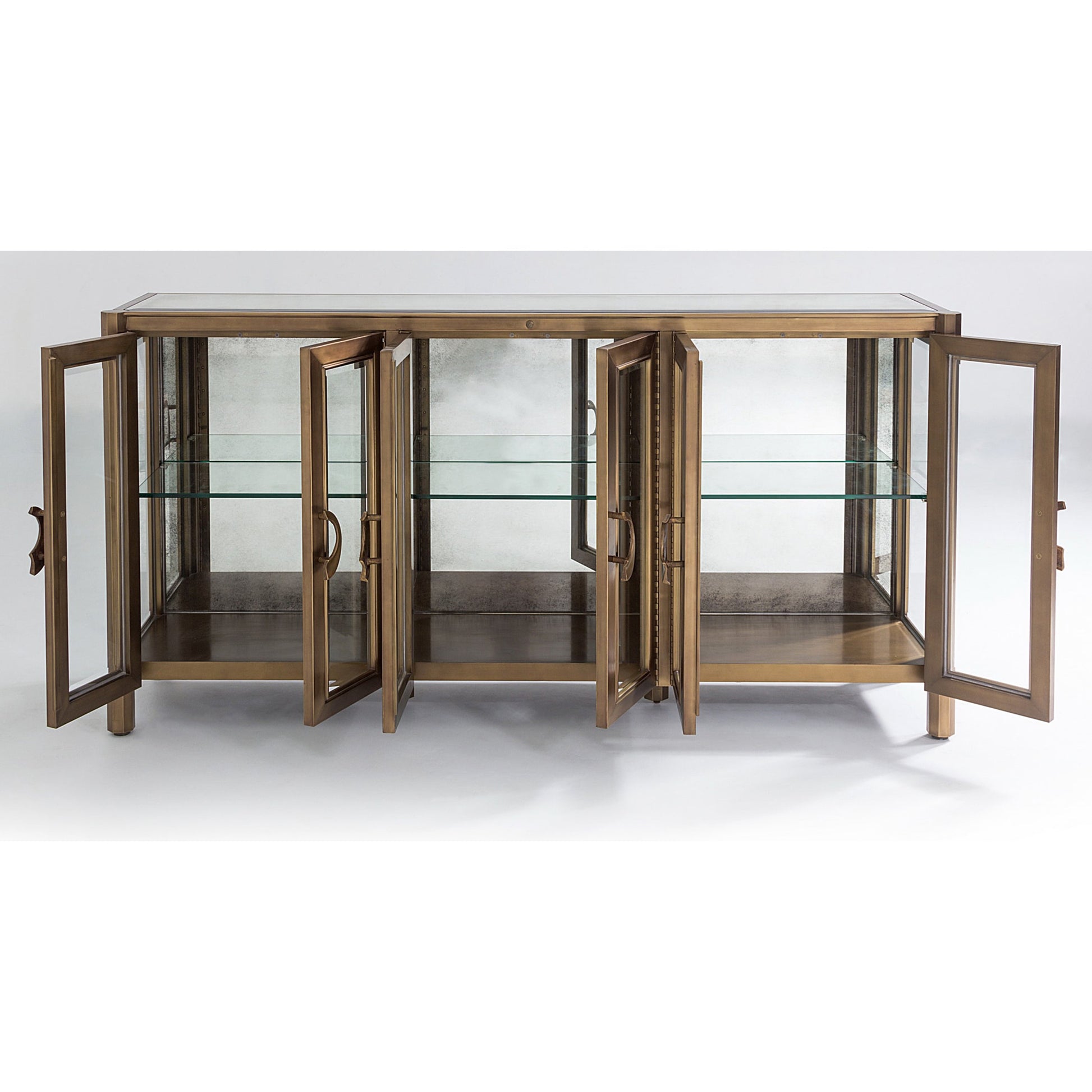 Apothecary Console Cabinet by Global Views in dark brass. Made from poplar, beveled clear glass in a transitional style.