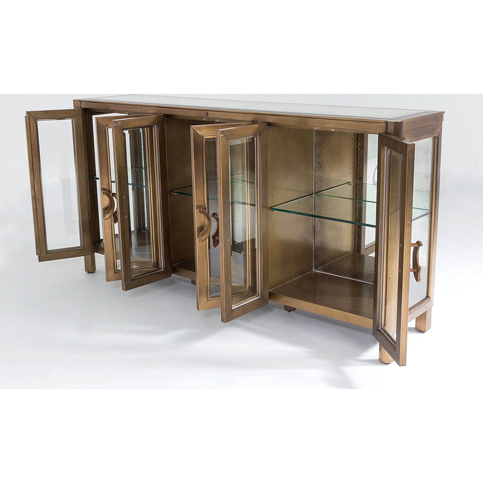 Apothecary Console Cabinet by Global Views in dark brass. Made from poplar, beveled clear glass in a transitional style.