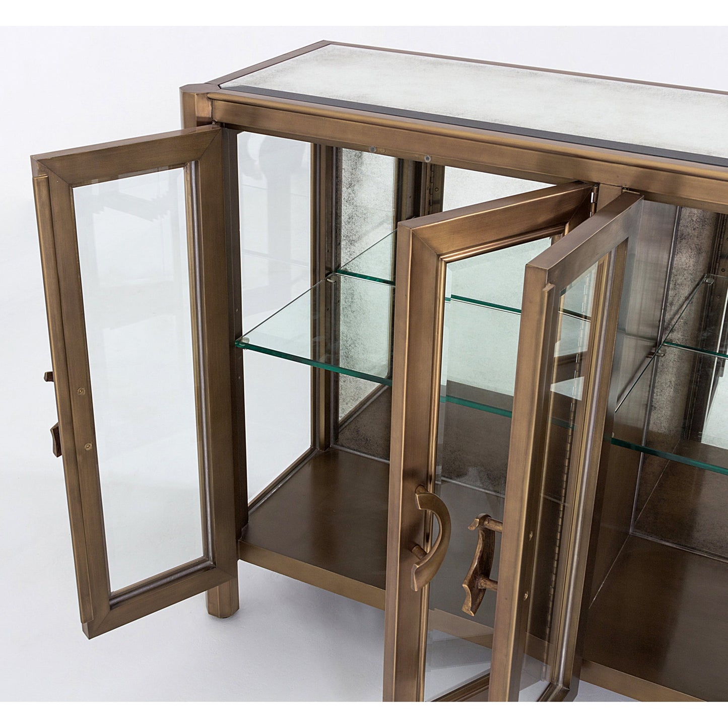 007 SR-700723 | Closeup | Apothecary Console Cabinet by Global Views in dark brass. Made from poplar, beveled clear glass in a transitional style.
