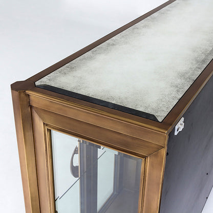 Apothecary Console Cabinet by Global Views in dark brass. Made from poplar, beveled clear glass in a transitional style.