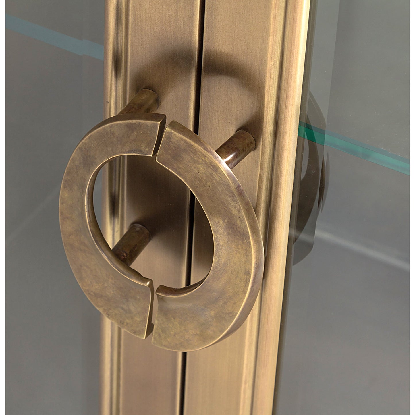 008 SR-700723 | Closeup | Apothecary Console Cabinet by Global Views in dark brass. Made from poplar, beveled clear glass in a transitional style.