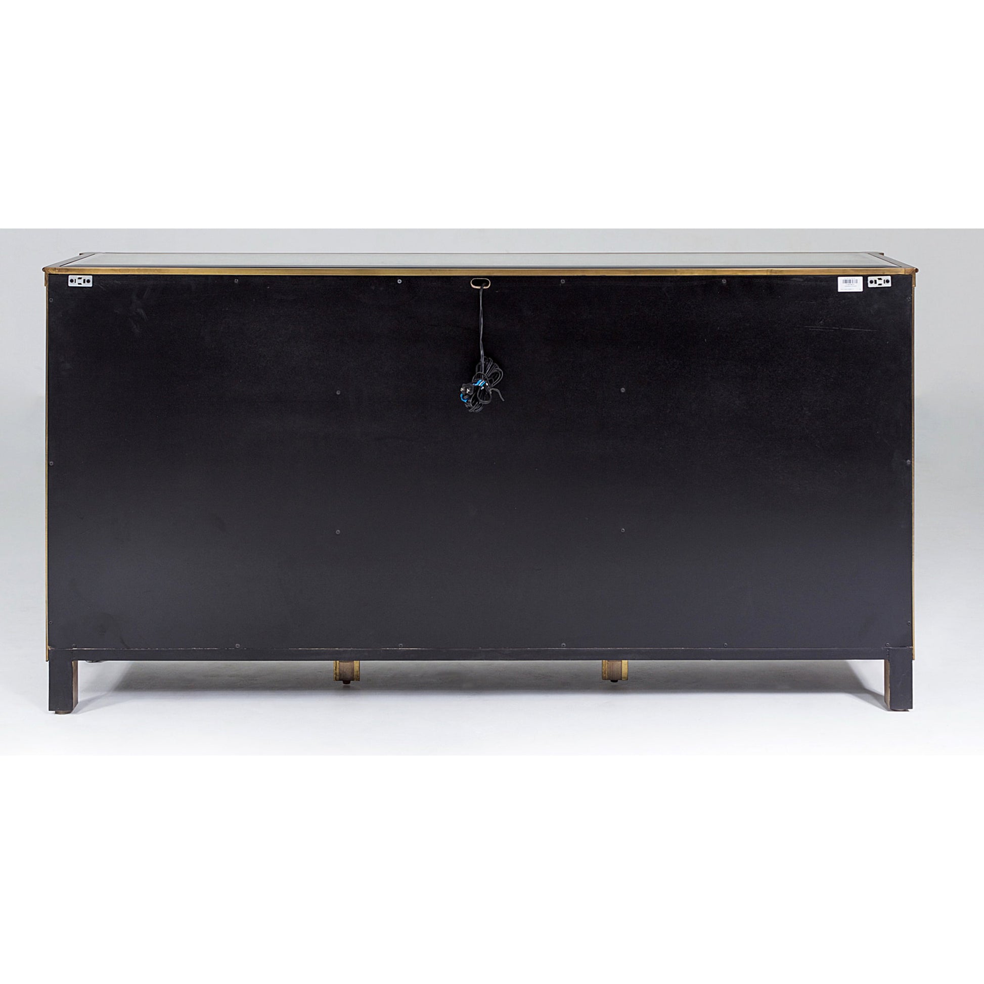Apothecary Console Cabinet by Global Views in dark brass. Made from poplar, beveled clear glass in a transitional style.