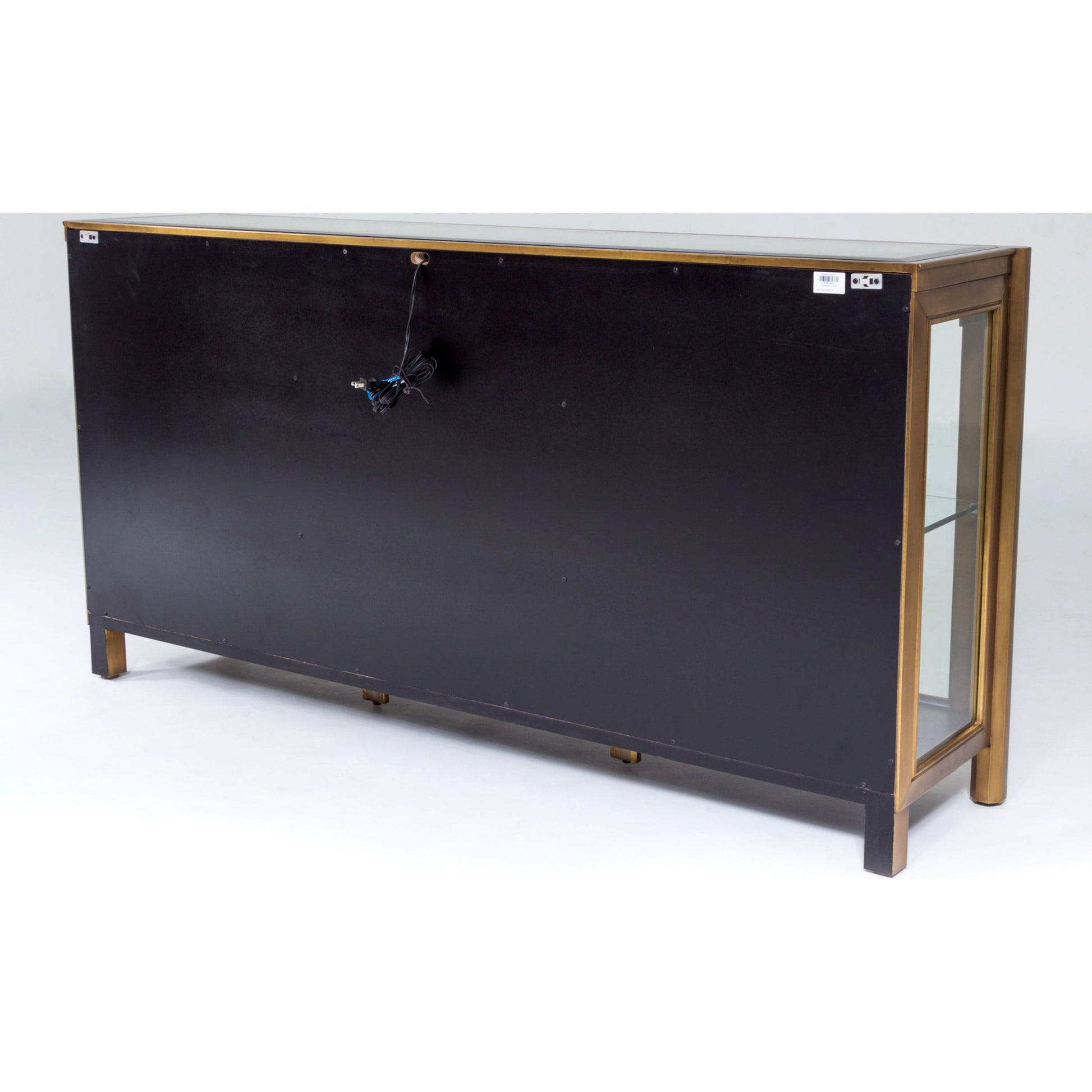 Apothecary Console Cabinet by Global Views in dark brass. Made from poplar, beveled clear glass in a transitional style.