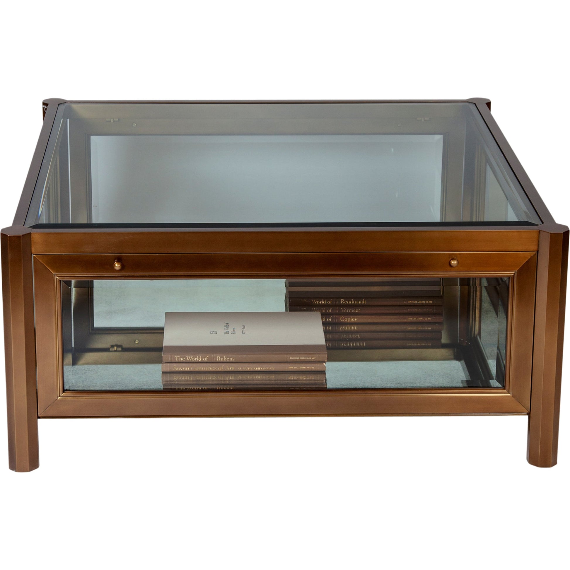 Apothecary Cocktail Table by Global Views in dark brass. Made from poplar, beveled glass in a transitional style.