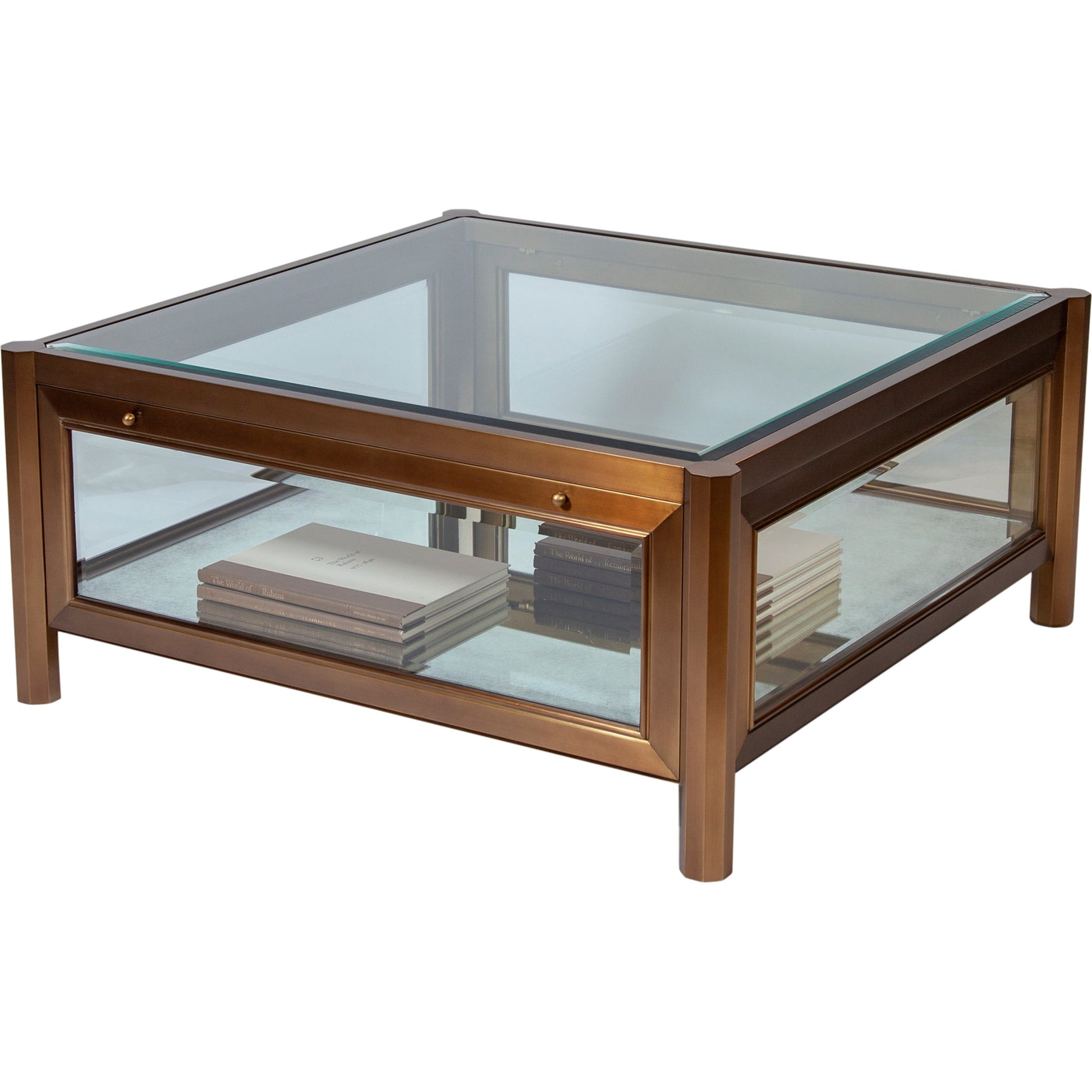 Apothecary Cocktail Table by Global Views in dark brass. Made from poplar, beveled glass in a transitional style.