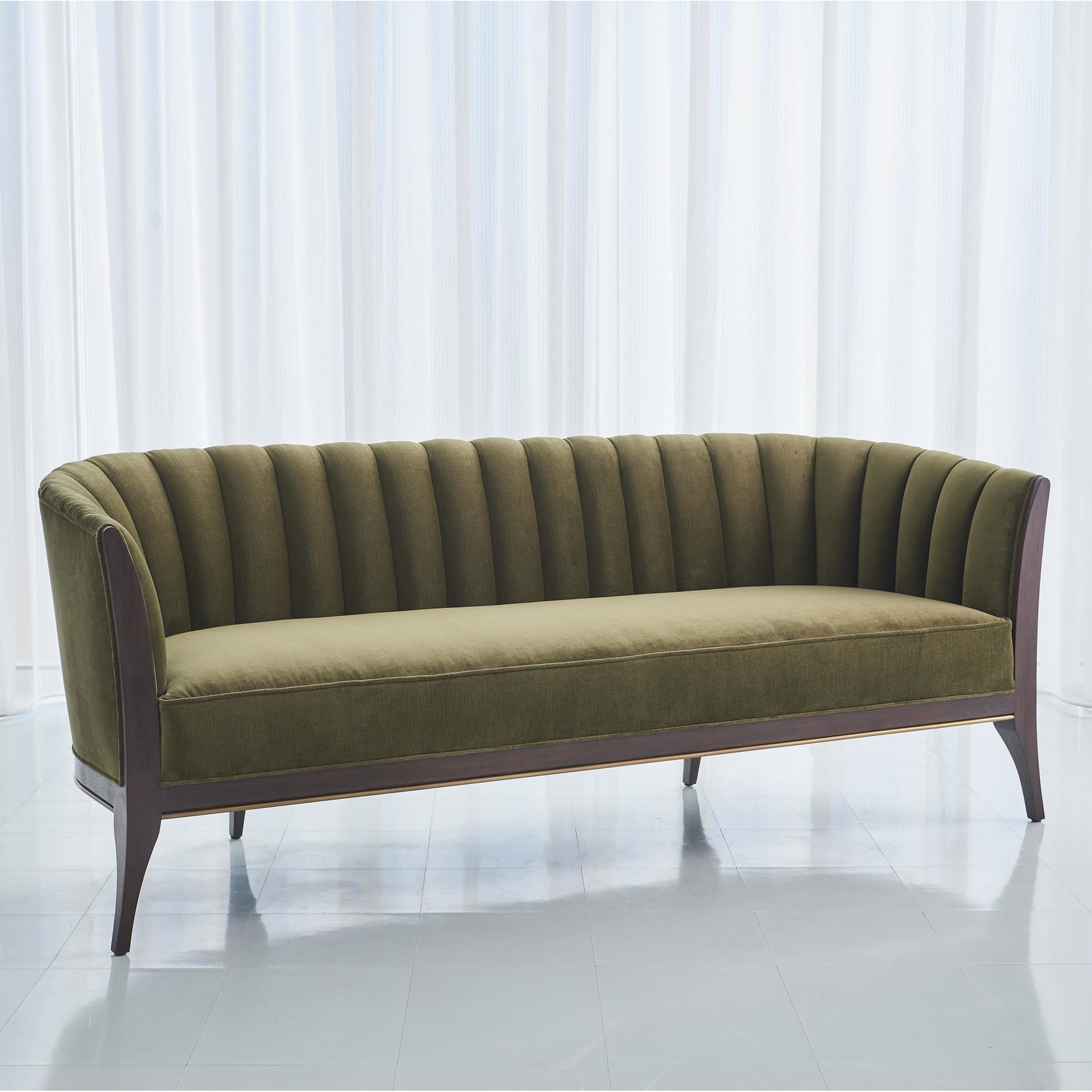 Channel Back Sofa by Global Views. Made from solid walnut, fabric, wood, 100% cotton, double rub: 50,000 in a modern style.