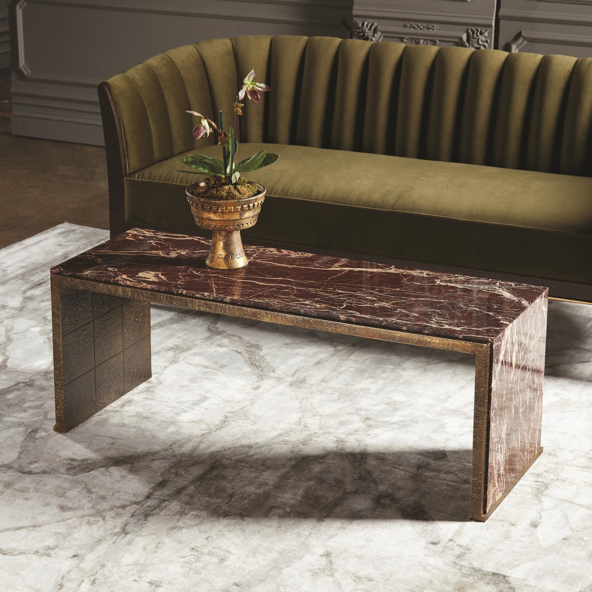 Channel Back Sofa by Global Views. Made from solid walnut, fabric, wood, 100% cotton, double rub: 50,000 in a modern style.