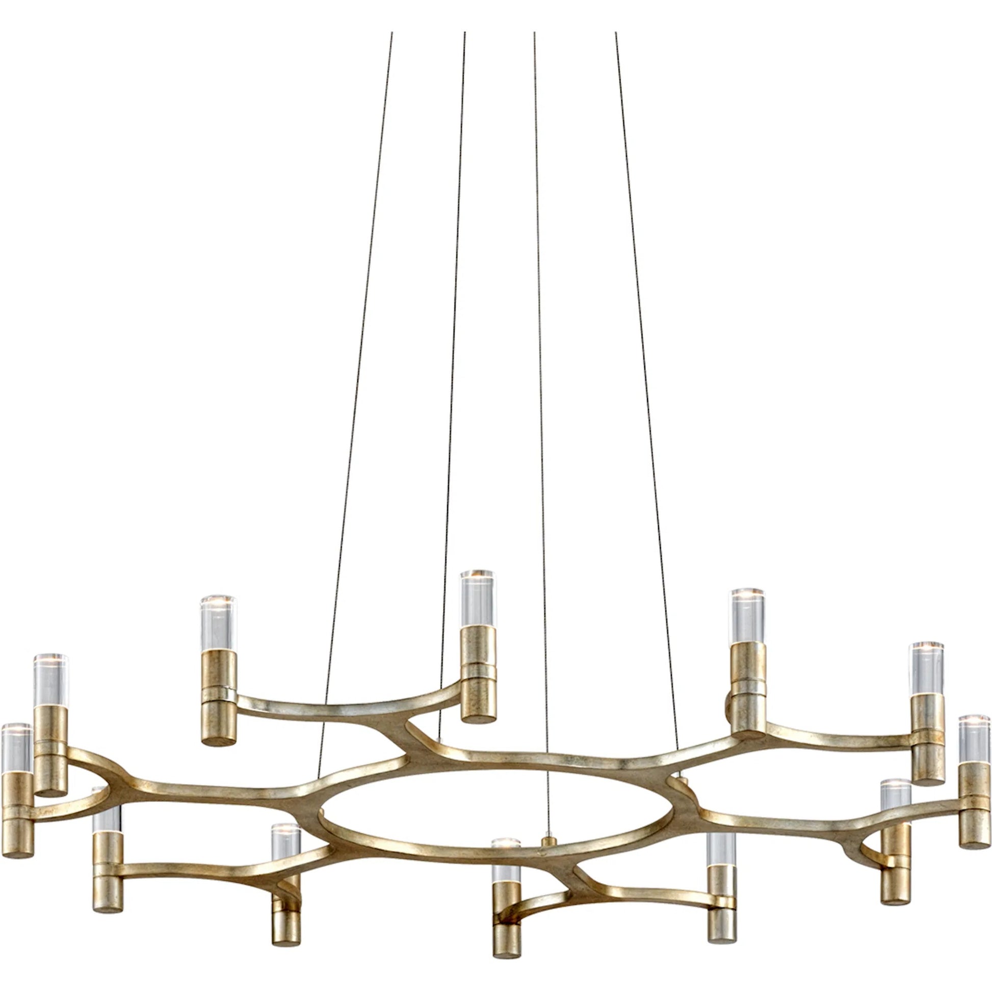 Nexus Chandelier by Corbett in warm silver leaf. Made from hand forged iron in a modern style.