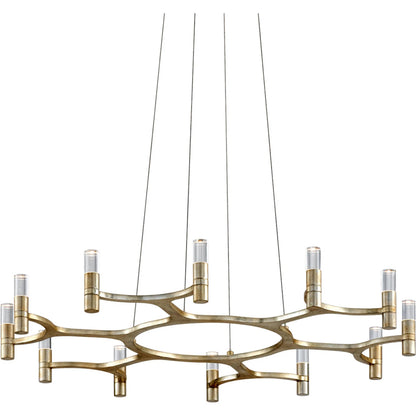 Nexus Chandelier by Corbett in warm silver leaf. Made from hand forged iron in a modern style.