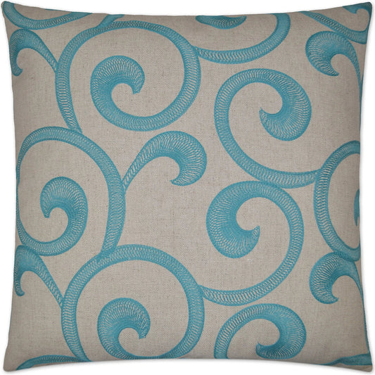 Hampton Scroll Pillow by DV Kap Home in turquoise. Made from 37% cotton, 21% linen, 21% rayon, 21% polyester in a unique style.