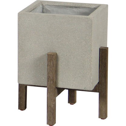 Patio Square Standing Pot by LH Imports in natural stone and distressed brown. Made from acacia, ficonstone natural in a modern style.