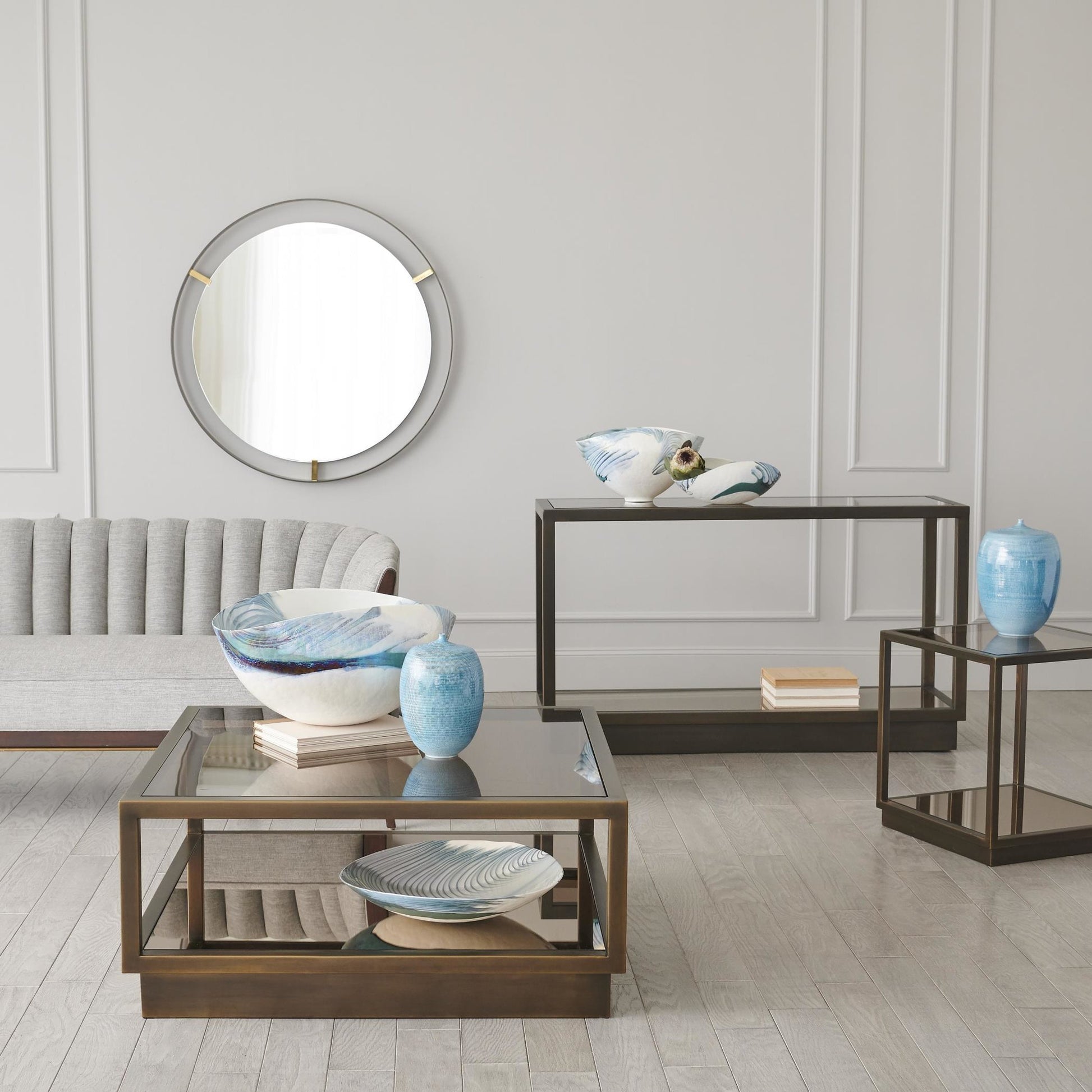 Channel Back Sofa by Global Views. Made from solid walnut, fabric, wood, 100% cotton, double rub: 50,000 in a modern style.