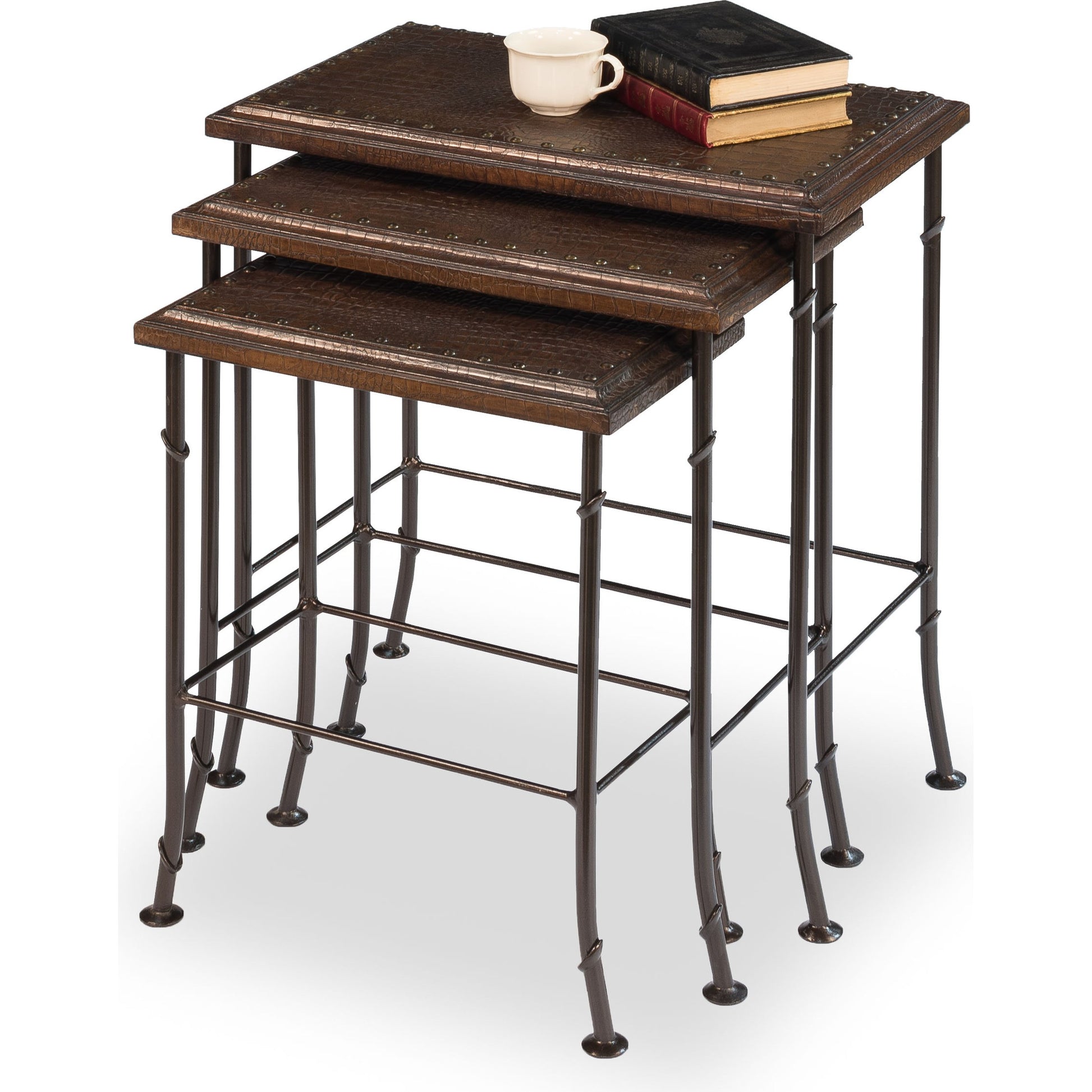 Croc Nesting Tables by Sarreid Ltd. in brown and iron. Made from wood, leather, iron in a traditional style.