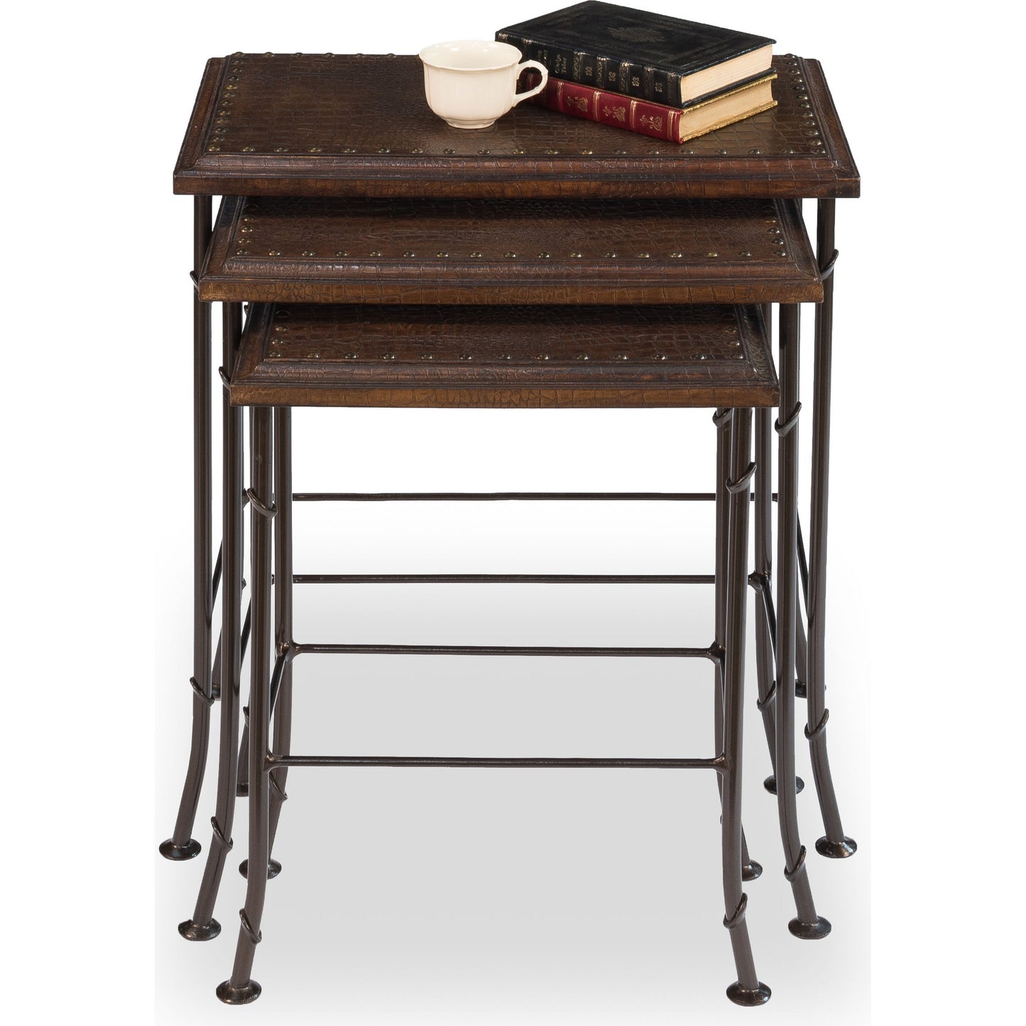 006 S-700728 | Additional Silo | Croc Nesting Tables by Sarreid Ltd. in brown and iron. Made from wood, leather, iron in a traditional style.