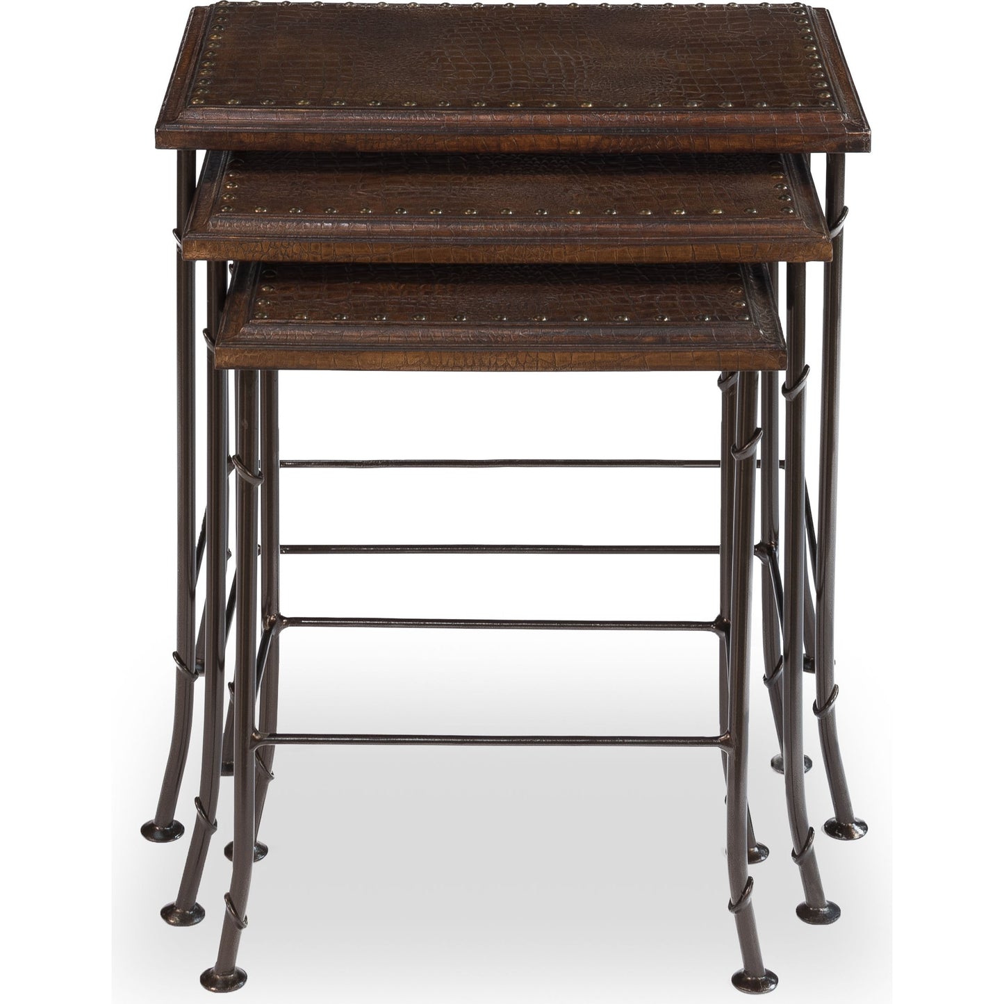 007 S-700728 | Additional Silo | Croc Nesting Tables by Sarreid Ltd. in brown and iron. Made from wood, leather, iron in a traditional style.