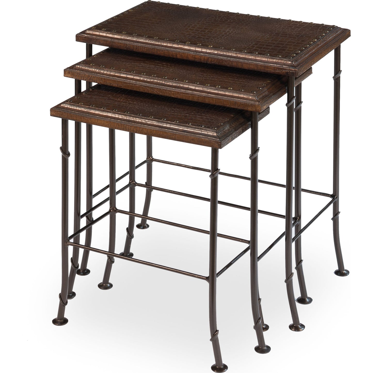 008 S-700728 | Additional Silo | Croc Nesting Tables by Sarreid Ltd. in brown and iron. Made from wood, leather, iron in a traditional style.