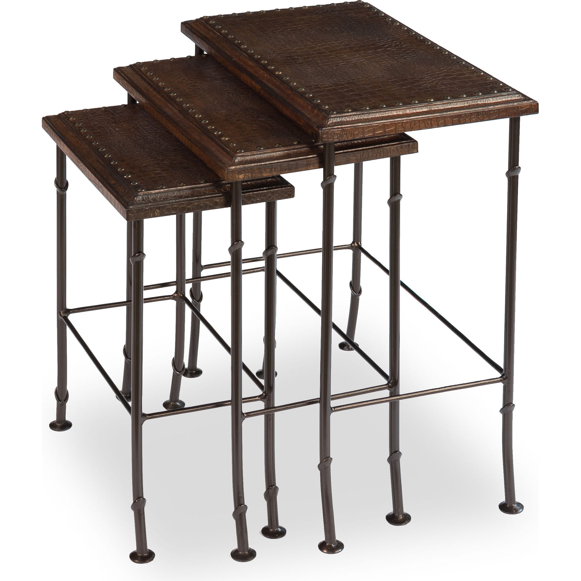 Croc Nesting Tables by Sarreid Ltd. in brown and iron. Made from wood, leather, iron in a traditional style.