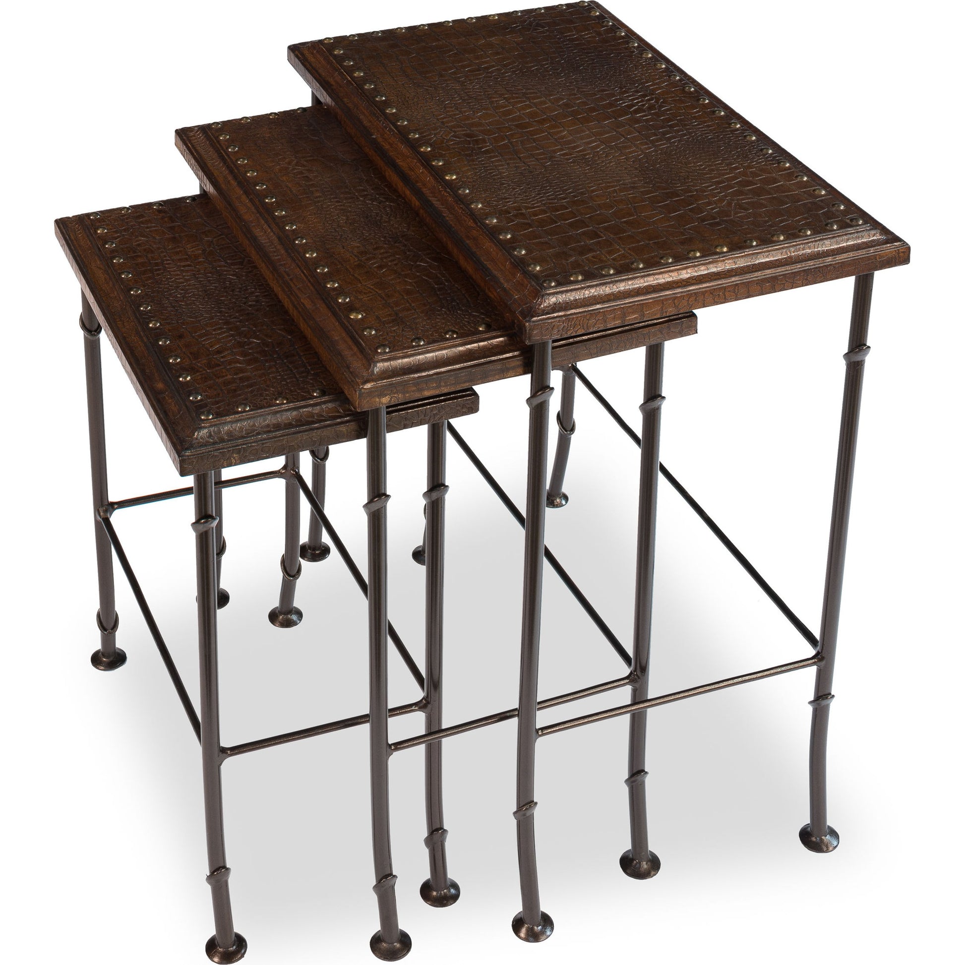 Croc Nesting Tables by Sarreid Ltd. in brown and iron. Made from wood, leather, iron in a traditional style.