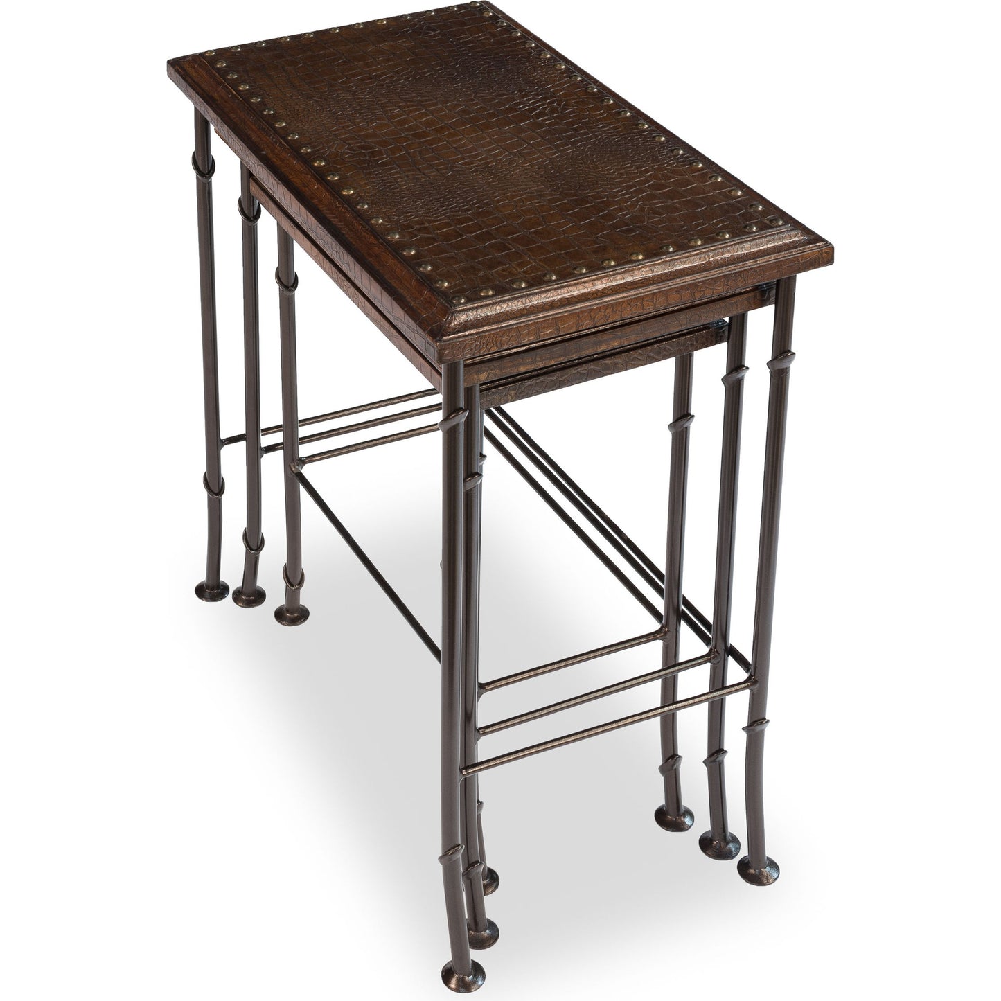 004 S-700728 | Additional Silo | Croc Nesting Tables by Sarreid Ltd. in brown and iron. Made from wood, leather, iron in a traditional style.