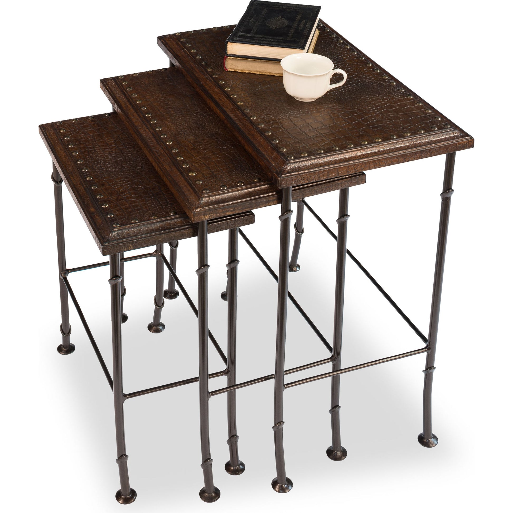 Croc Nesting Tables by Sarreid Ltd. in brown and iron. Made from wood, leather, iron in a traditional style.