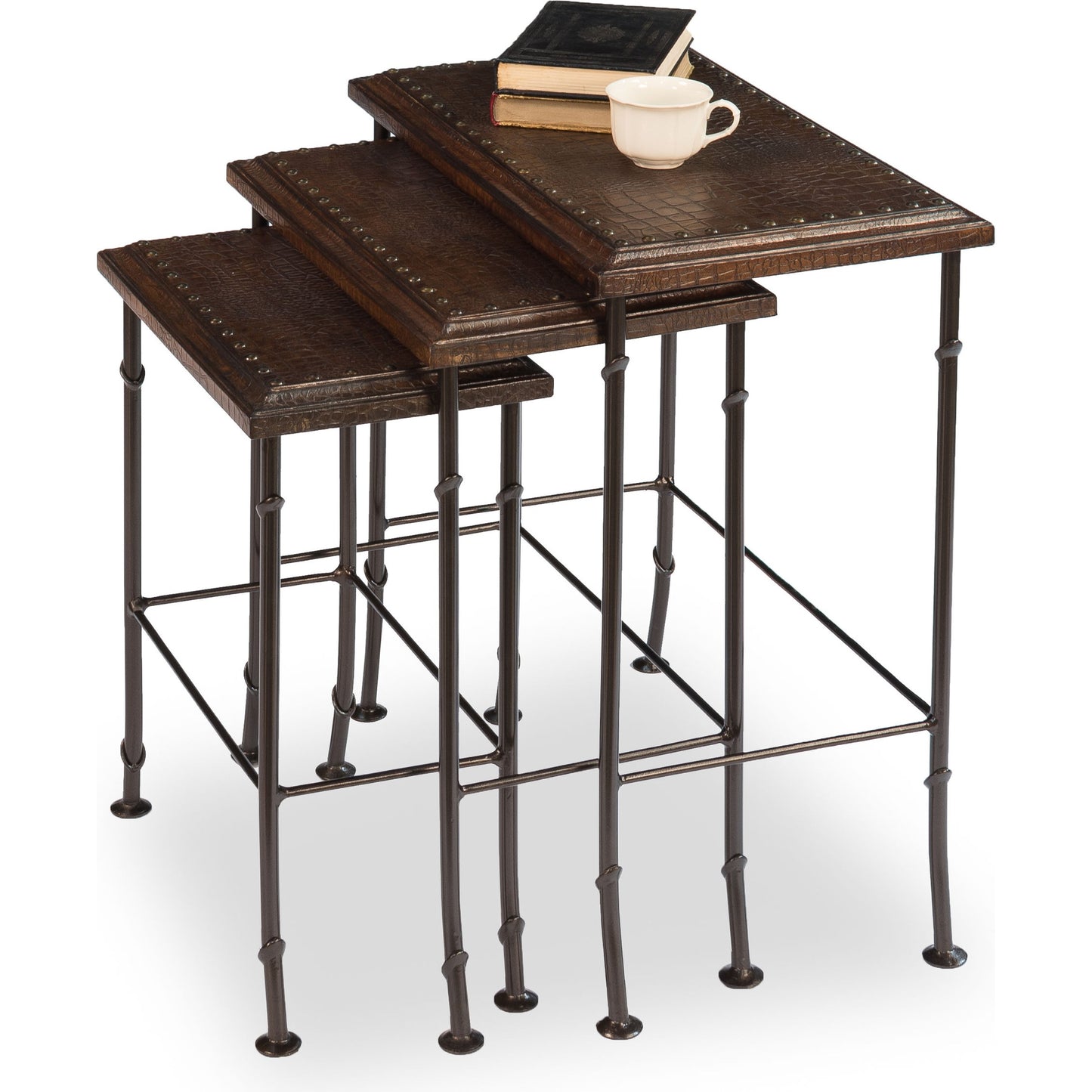 005 S-700728 | Additional Silo | Croc Nesting Tables by Sarreid Ltd. in brown and iron. Made from wood, leather, iron in a traditional style.