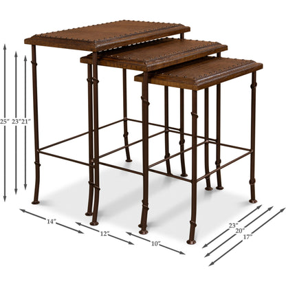 Croc Nesting Tables by Sarreid Ltd. in brown and iron. Made from wood, leather, iron in a traditional style.
