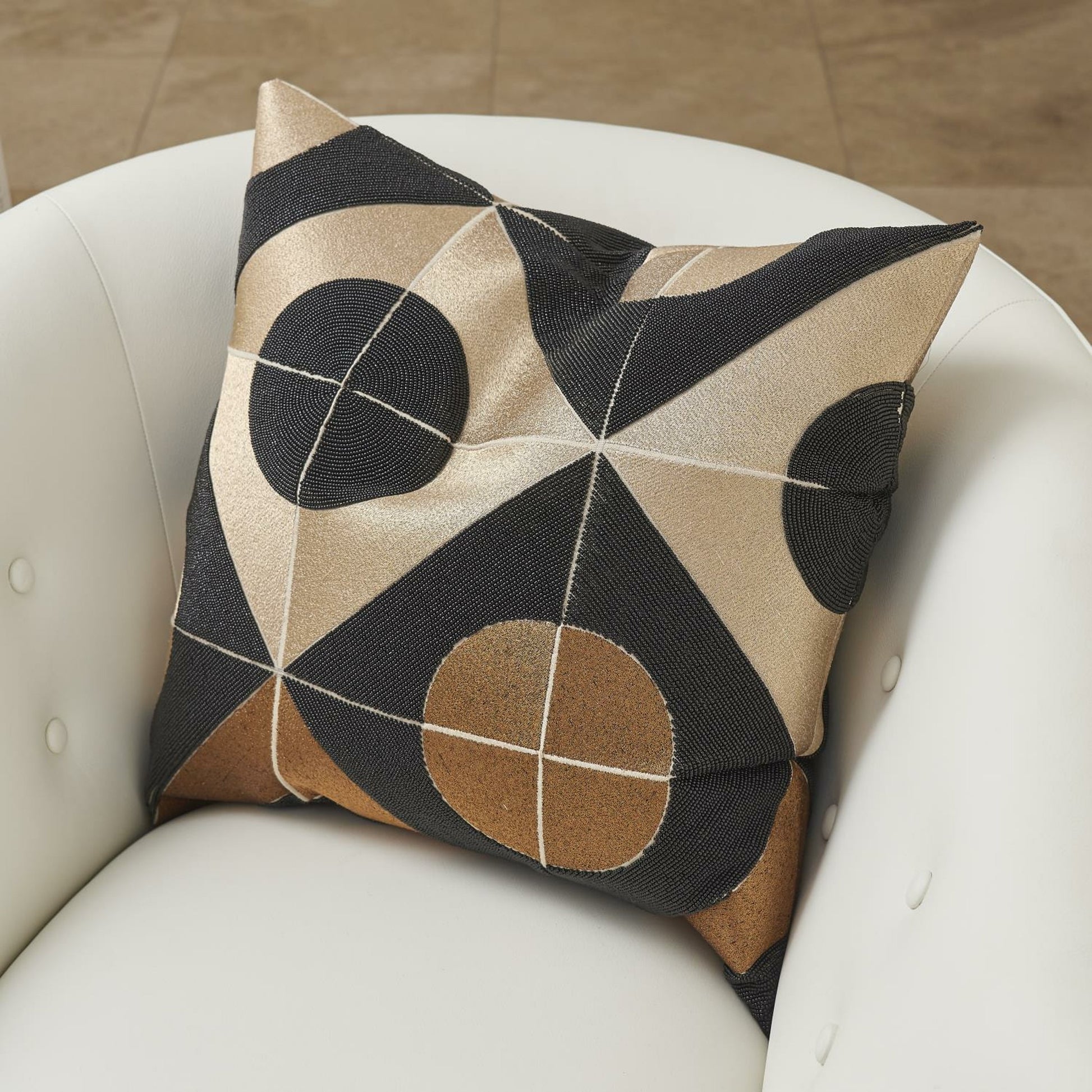 Circle Marquetry Pillow by Global Views in black. Made from cotton, flax in a modern style.