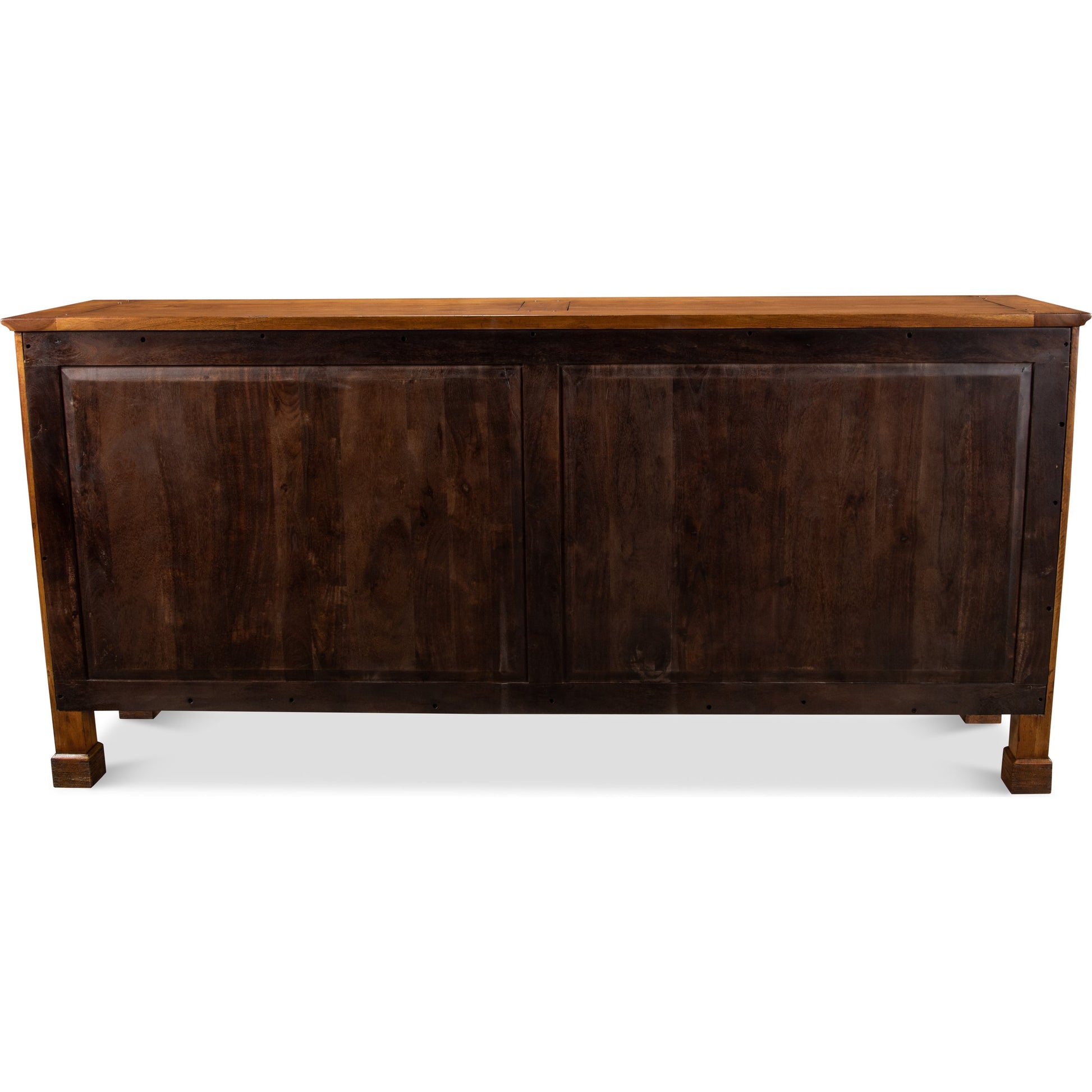 Caracoly Credenza by Sarreid Ltd. in brown and fruitwood finish 2 adj. shelves. Made from solid walnut in a rustic style.