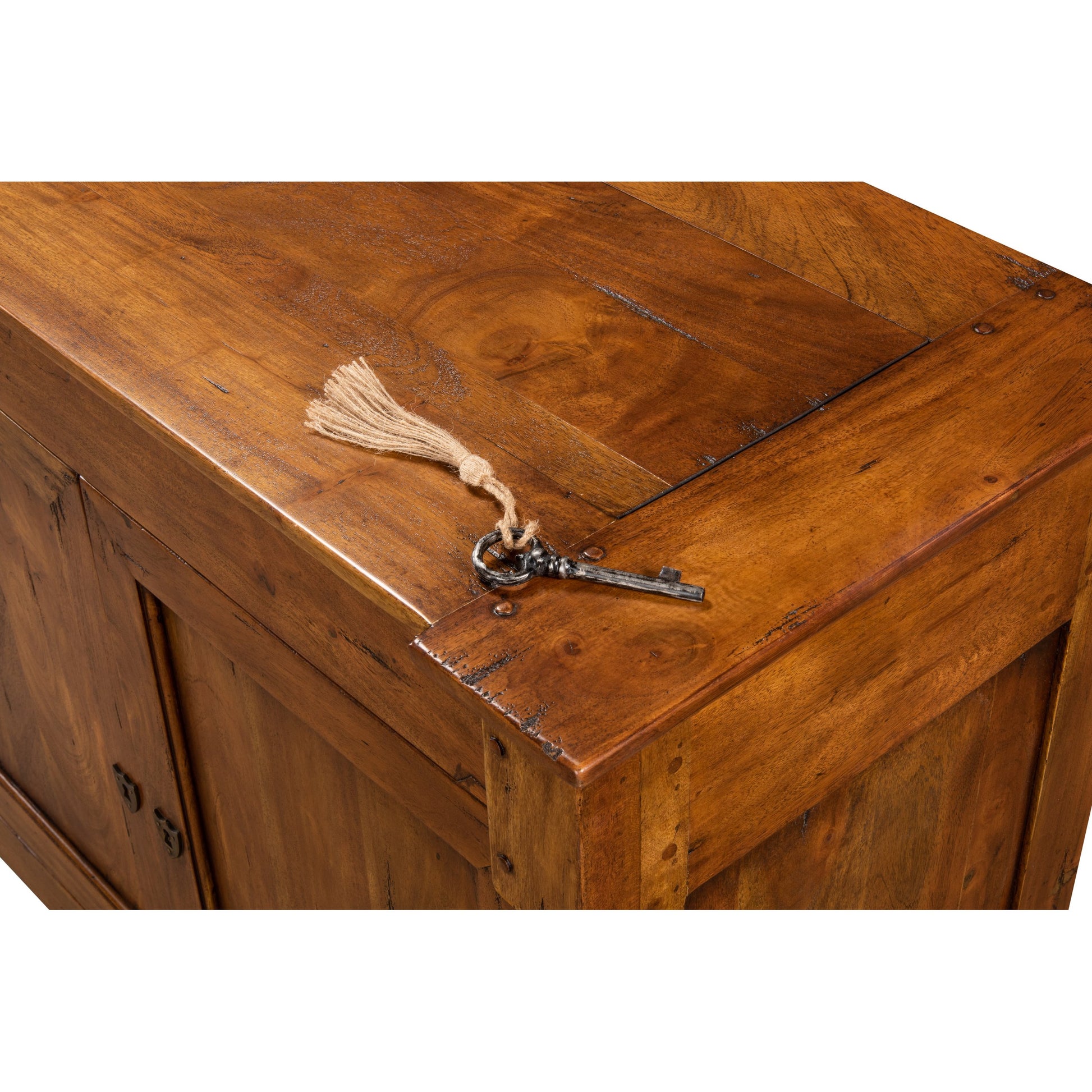Caracoly Credenza by Sarreid Ltd. in brown and fruitwood finish 2 adj. shelves. Made from solid walnut in a rustic style.