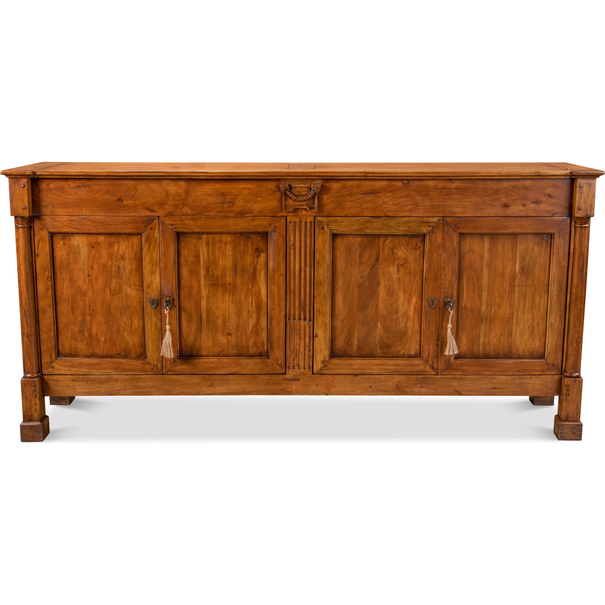 Caracoly Credenza by Sarreid Ltd. in brown and fruitwood finish 2 adj. shelves. Made from solid walnut in a rustic style.