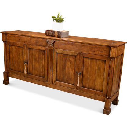 Caracoly Credenza by Sarreid Ltd. in brown and fruitwood finish 2 adj. shelves. Made from solid walnut in a rustic style.