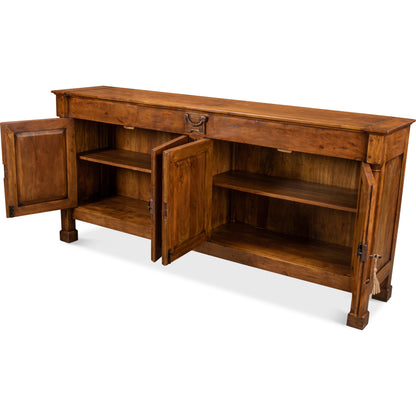 Caracoly Credenza by Sarreid Ltd. in brown and fruitwood finish 2 adj. shelves. Made from solid walnut in a rustic style.